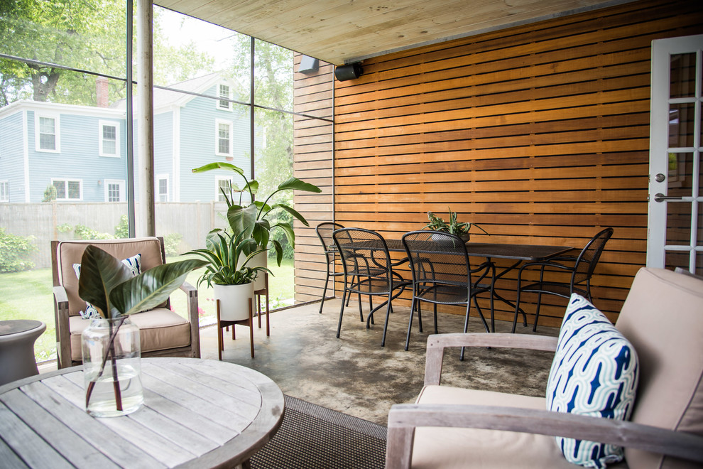 Immagine di una veranda minimal con soffitto classico e pavimento multicolore