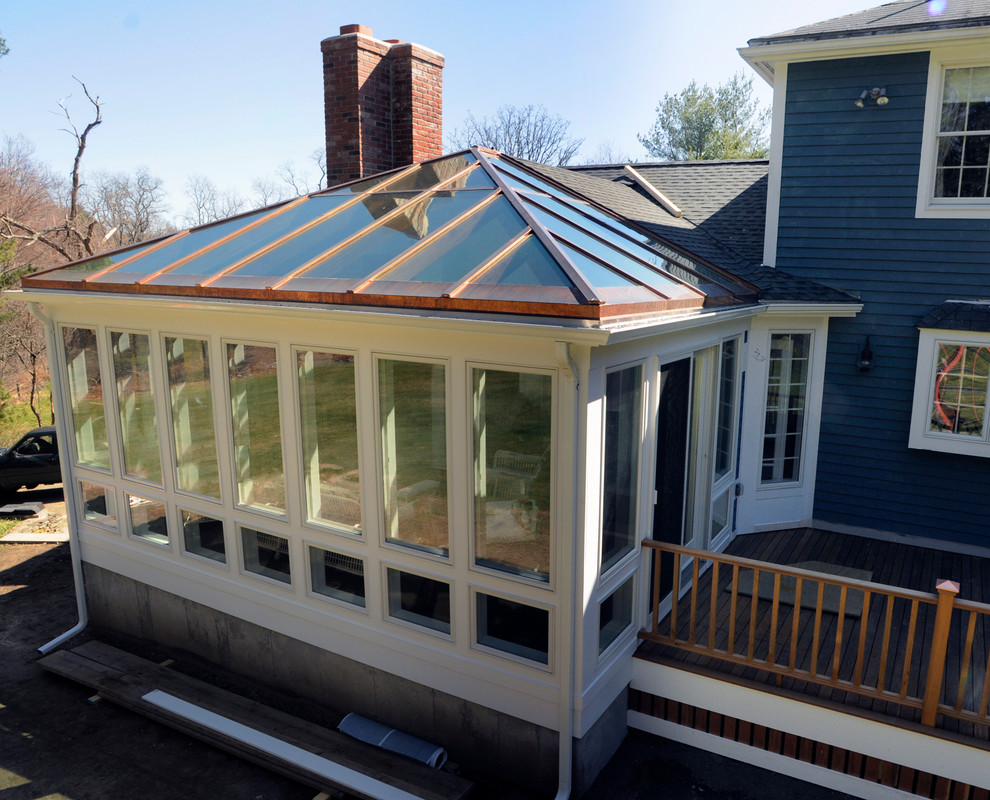 Design ideas for a medium sized contemporary conservatory in Boston with a glass ceiling.