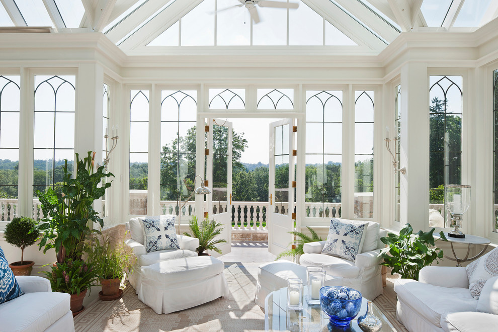 Photo of a traditional conservatory in New York with a glass ceiling.