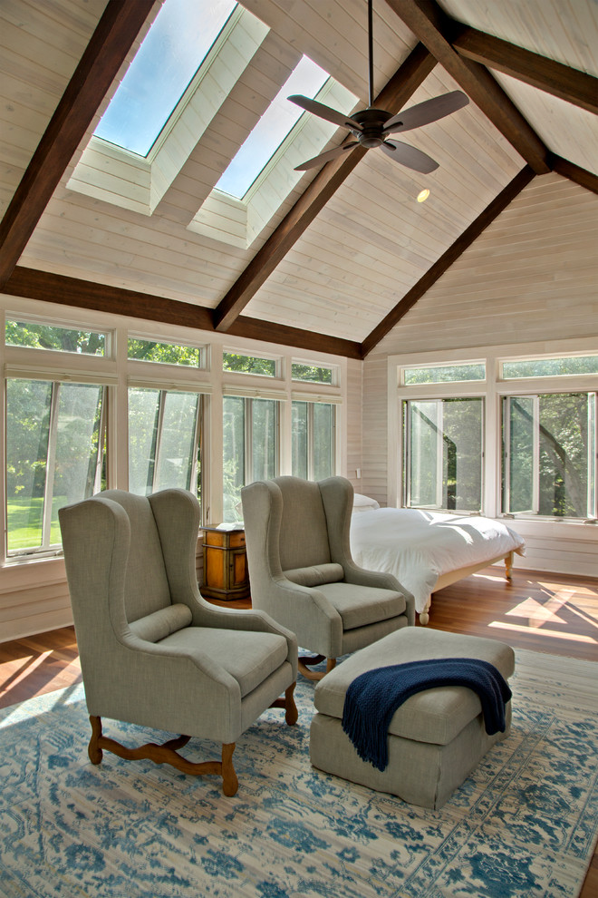 Mid-sized mountain style medium tone wood floor sunroom photo in Detroit with a standard fireplace and a skylight