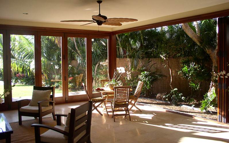 Mid-sized elegant marble floor and beige floor sunroom photo in Hawaii with no fireplace and a standard ceiling