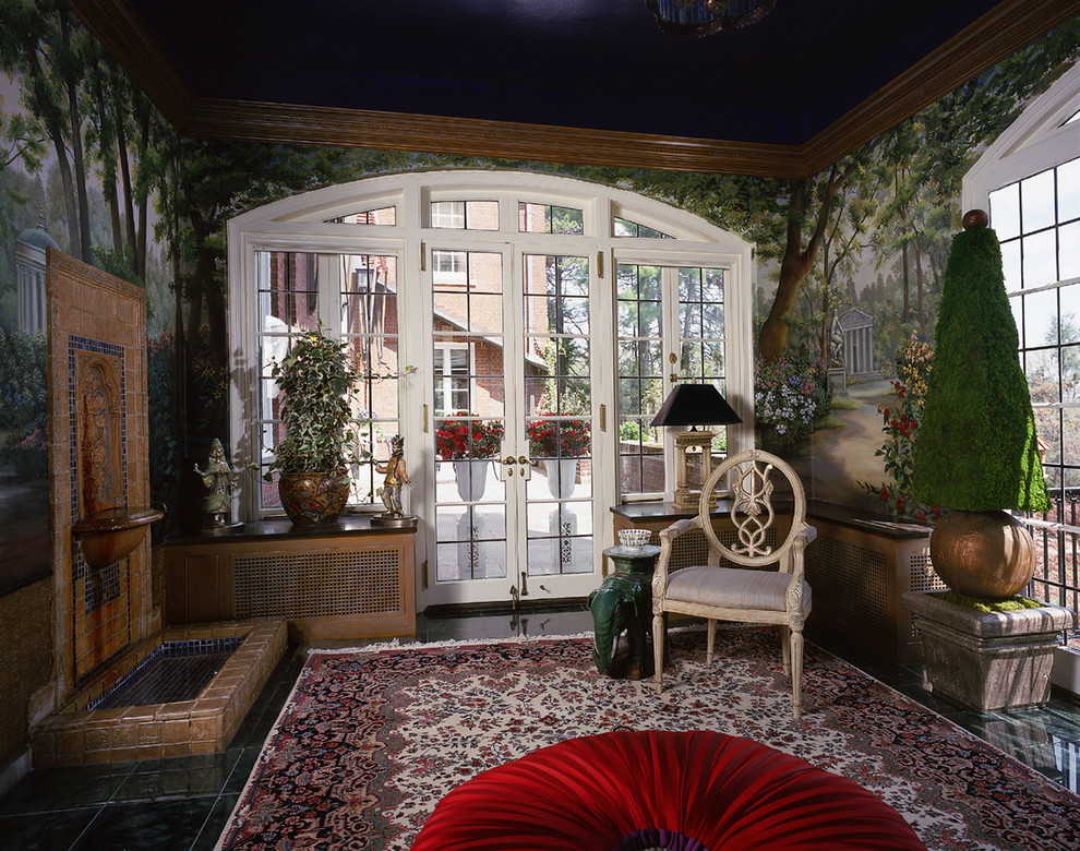 Cette photo montre une véranda éclectique de taille moyenne avec un sol en marbre, un plafond standard et aucune cheminée.