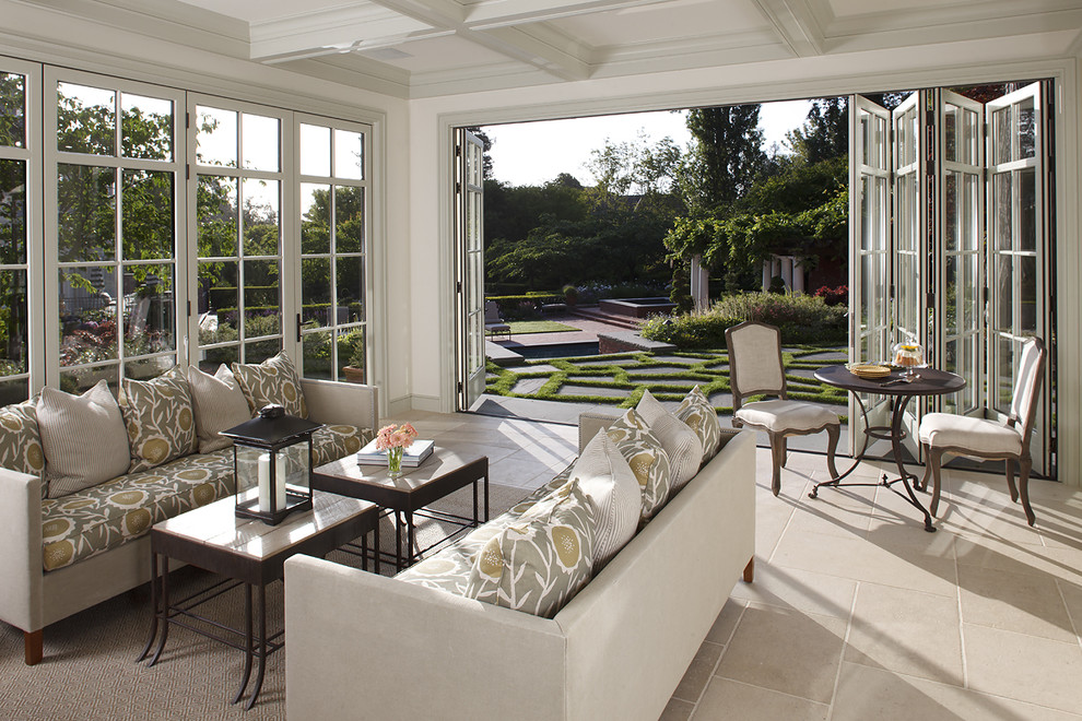 Inspiration for a mid-sized timeless limestone floor and beige floor sunroom remodel in San Francisco with no fireplace and a standard ceiling