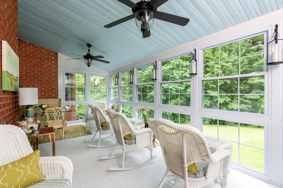 Sunroom - traditional brick floor and white floor sunroom idea in Charlotte with no fireplace and a standard ceiling