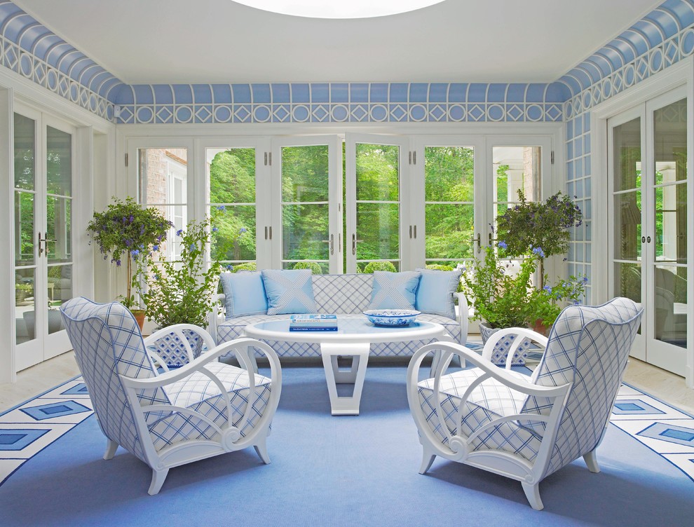 Design ideas for a large nautical conservatory in New York with blue floors.