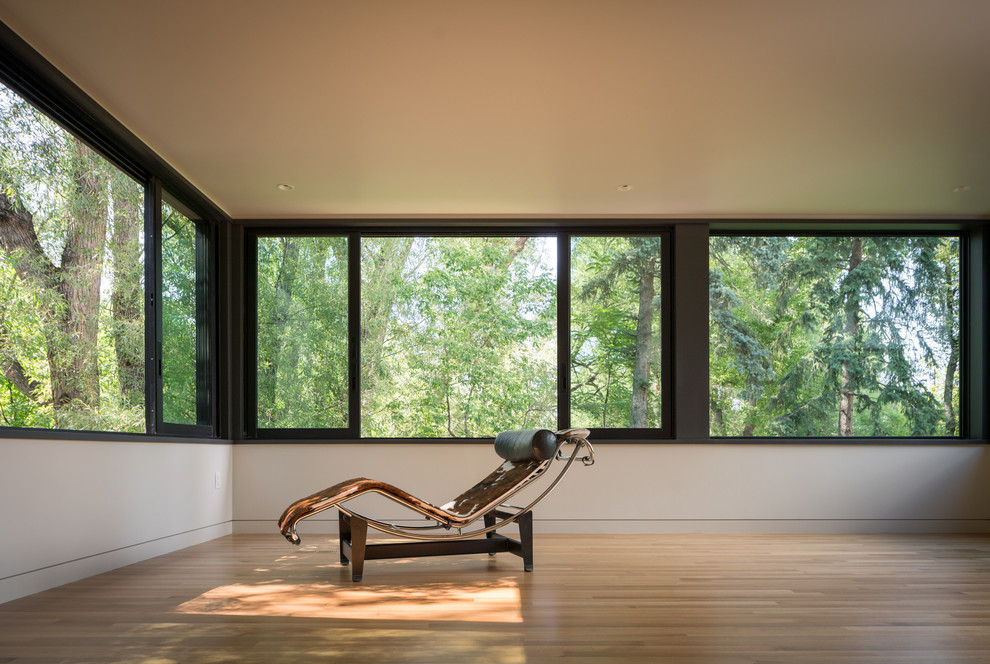 Foto di una veranda design di medie dimensioni con pavimento in legno massello medio, soffitto classico e pavimento marrone