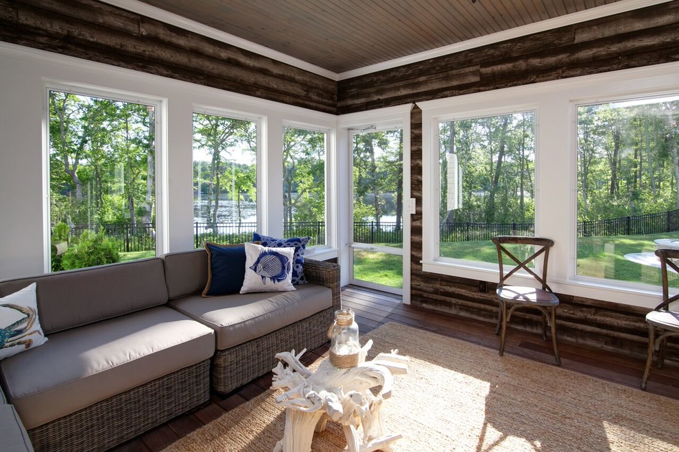 Design ideas for a nautical conservatory in Boston with dark hardwood flooring and a standard ceiling.