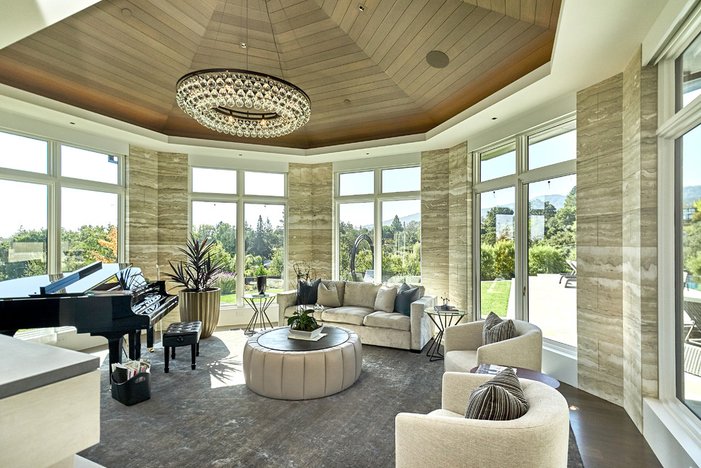 This is an example of an expansive nautical conservatory in San Francisco with dark hardwood flooring, a standard ceiling, brown floors and feature lighting.