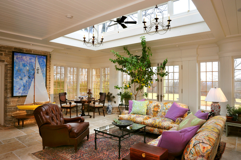 Large classic conservatory in Cincinnati with a skylight, ceramic flooring, no fireplace and beige floors.