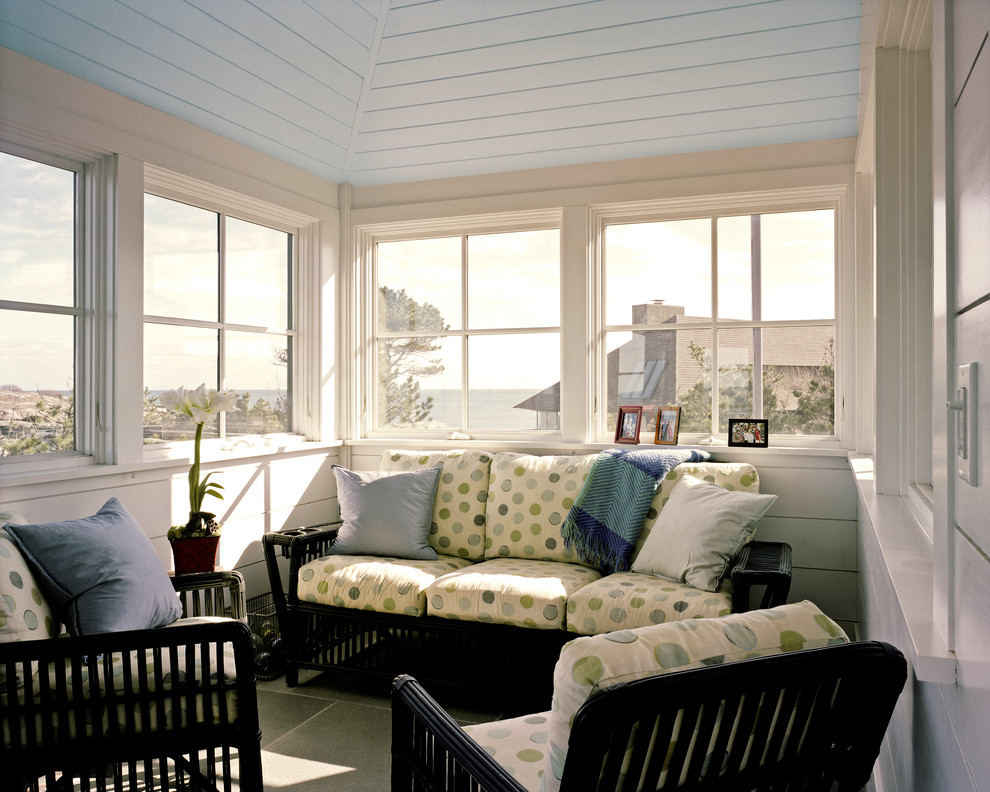 Inspiration for a coastal sunroom remodel in Boston with a standard ceiling