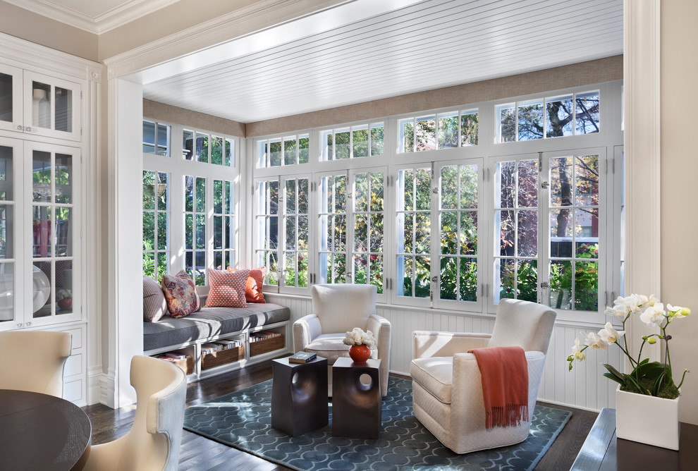 Transitional dark wood floor sunroom photo in Chicago with a standard ceiling