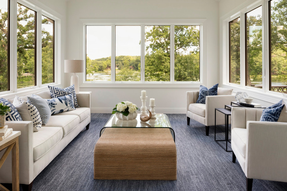 Источник вдохновения для домашнего уюта: терраса в стиле неоклассика (современная классика) с ковровым покрытием и синим полом