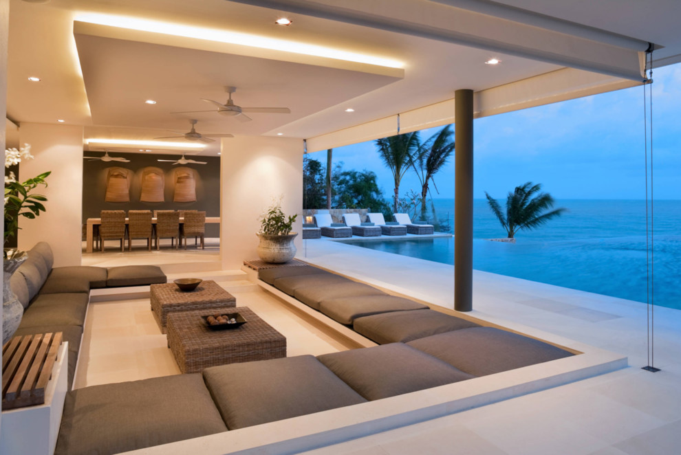 Ispirazione per una grande veranda minimal con pavimento in marmo, soffitto classico e pavimento bianco