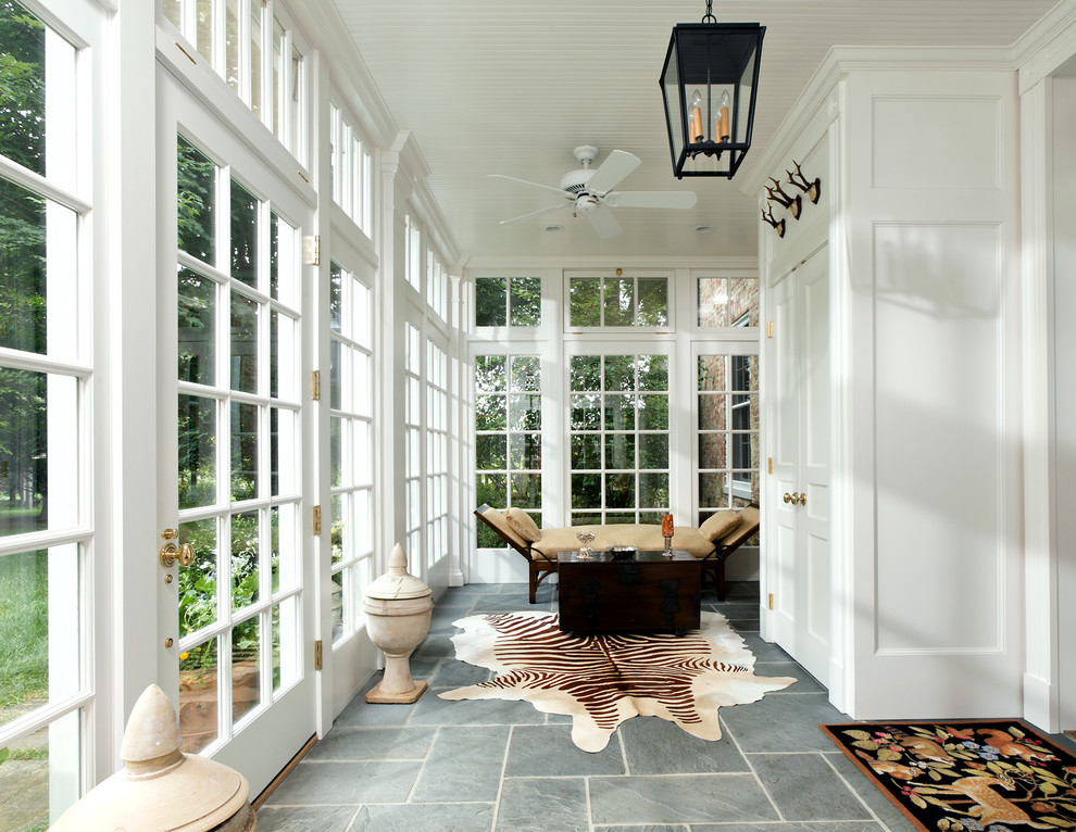 Sunroom - large traditional gray floor and slate floor sunroom idea in DC Metro with a standard ceiling and no fireplace