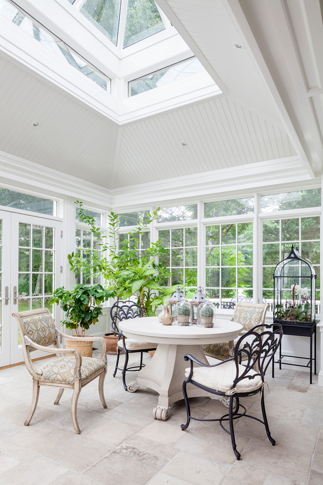 Medium sized traditional conservatory in Boston with a skylight, porcelain flooring and beige floors.