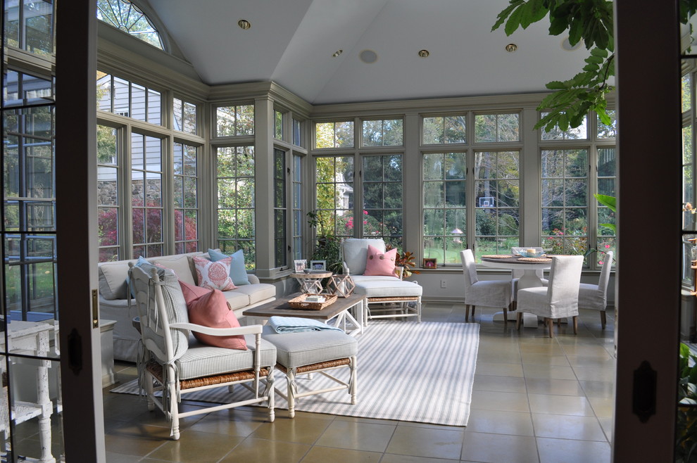 Example of a large transitional porcelain tile sunroom design in New York with no fireplace and a glass ceiling