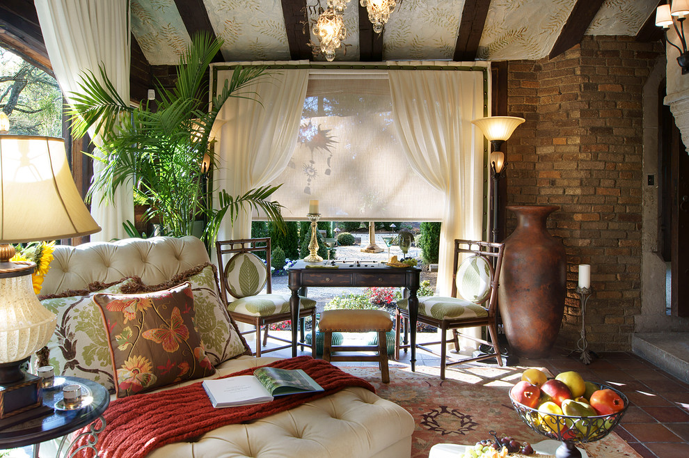 Example of a classic terra-cotta tile sunroom design in New York with a standard ceiling