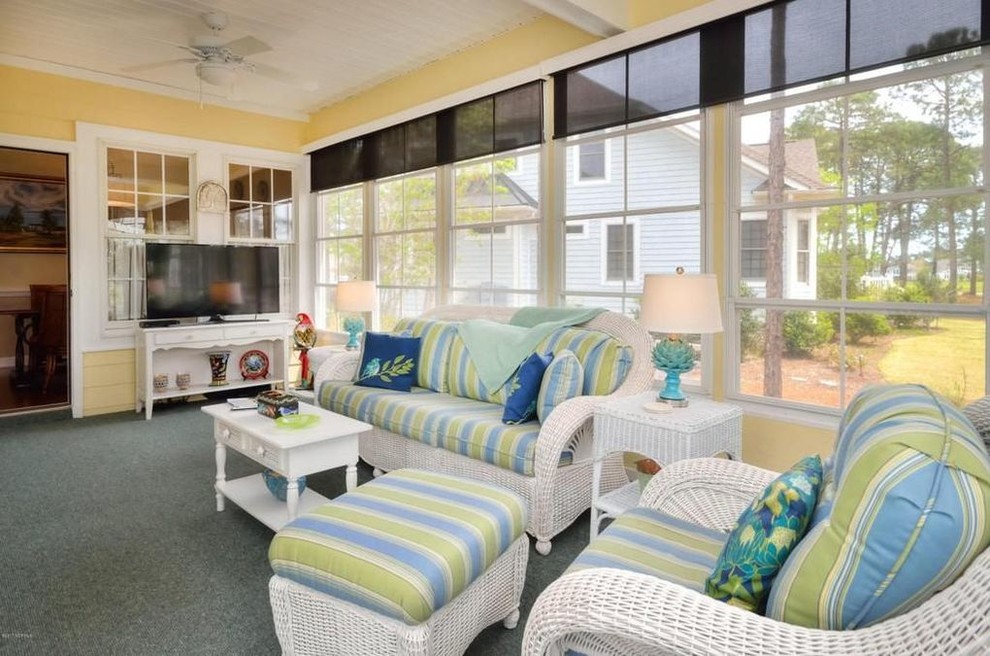 Immagine di un'ampia veranda stile marinaro con moquette, nessun camino, soffitto classico e pavimento blu