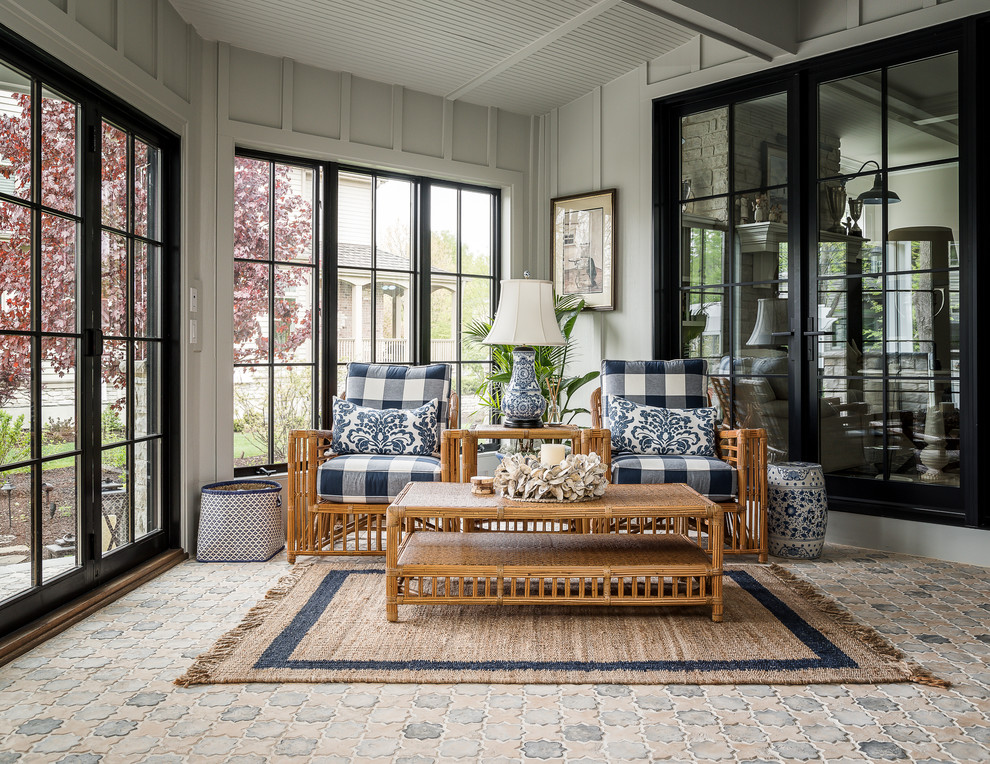 Inspiration for a country brick floor and multicolored floor sunroom remodel in Chicago with a standard ceiling