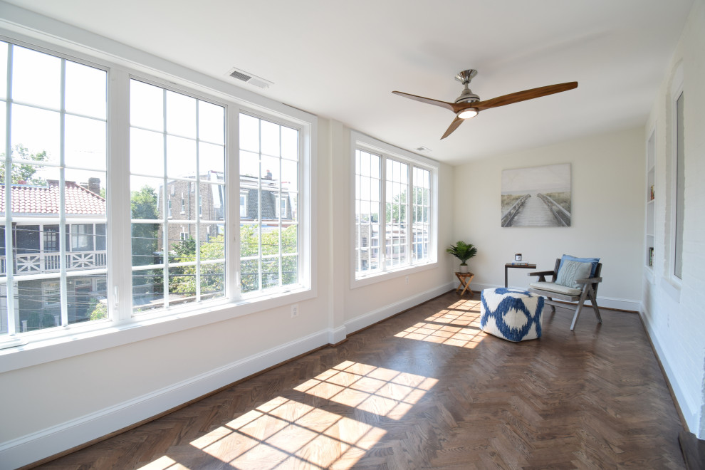 Large transitional dark wood floor and multicolored floor sunroom photo in DC Metro with a standard ceiling
