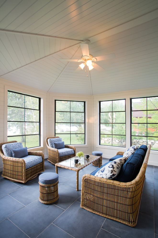 Idee per una veranda stile americano con pavimento con piastrelle in ceramica, nessun camino, soffitto classico e pavimento blu