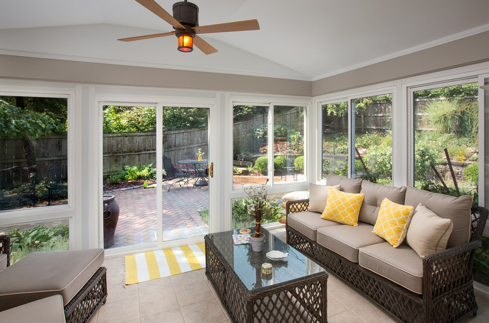 Photo of a small traditional conservatory in Columbus with ceramic flooring and a standard ceiling.