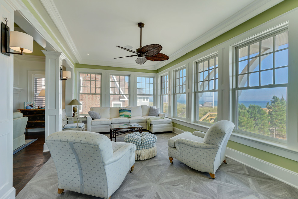 Photo of a medium sized nautical conservatory in New York with a standard ceiling, grey floors and ceramic flooring.
