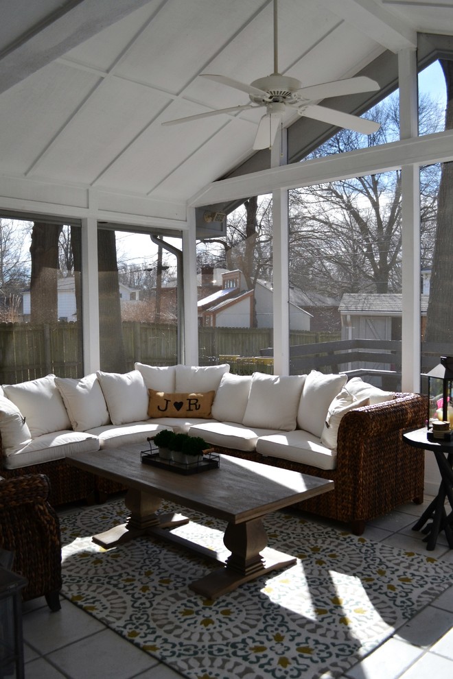 This is an example of a contemporary conservatory in Kansas City with porcelain flooring.