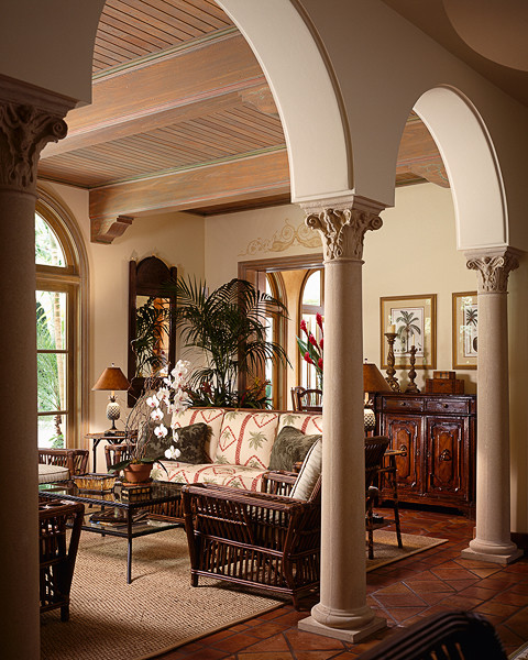 Expansive mediterranean conservatory in Miami with terracotta flooring, no fireplace and a standard ceiling.