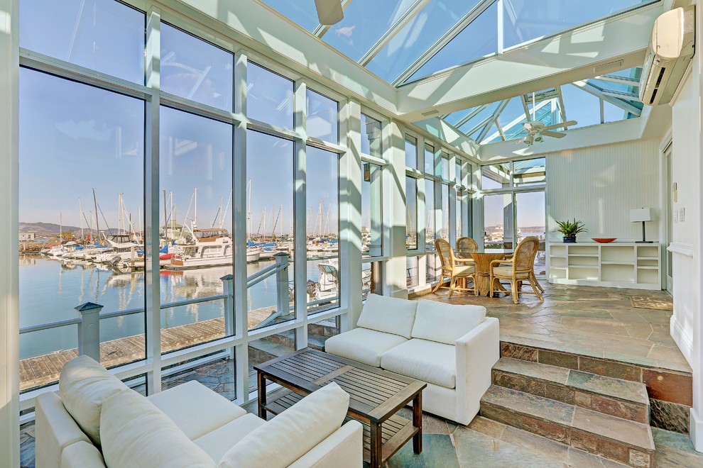 Medium sized nautical conservatory in San Francisco with a glass ceiling.