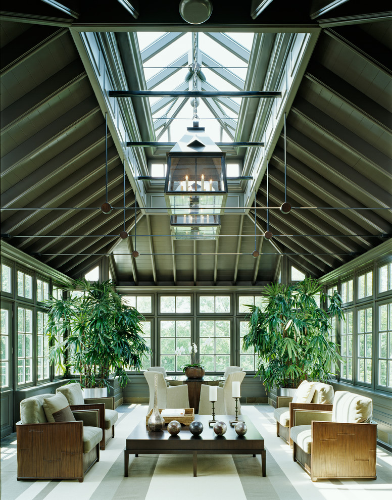 Пример оригинального дизайна: терраса в классическом стиле с потолочным окном и ковровым покрытием без камина