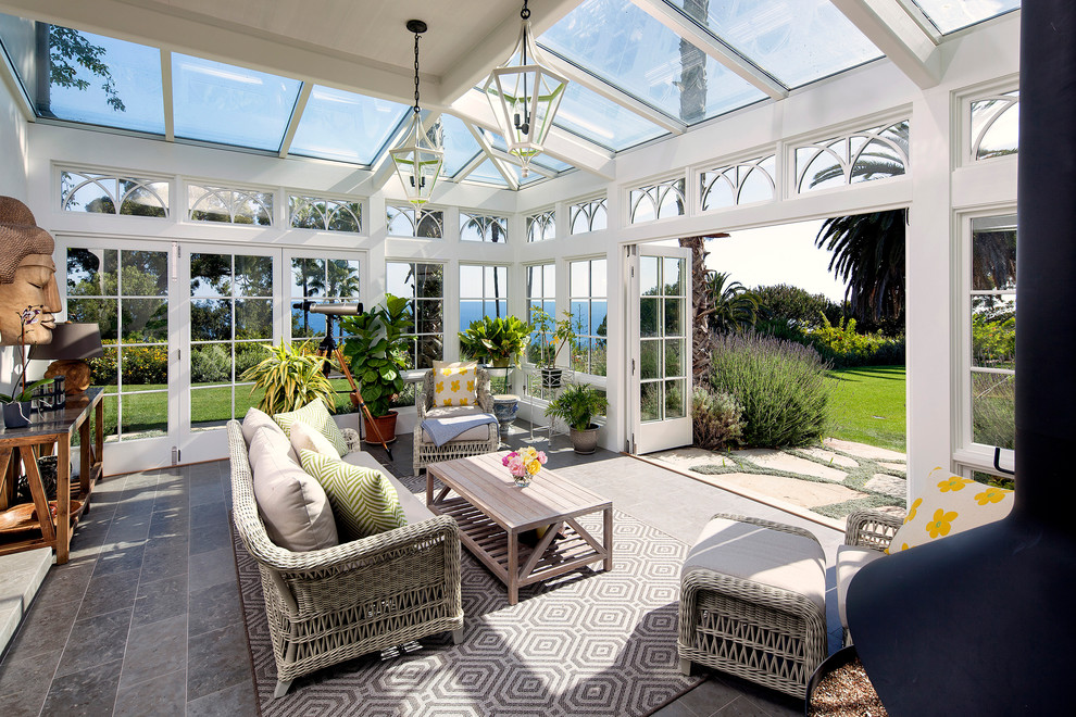 Design ideas for a mediterranean conservatory in Santa Barbara with a skylight.