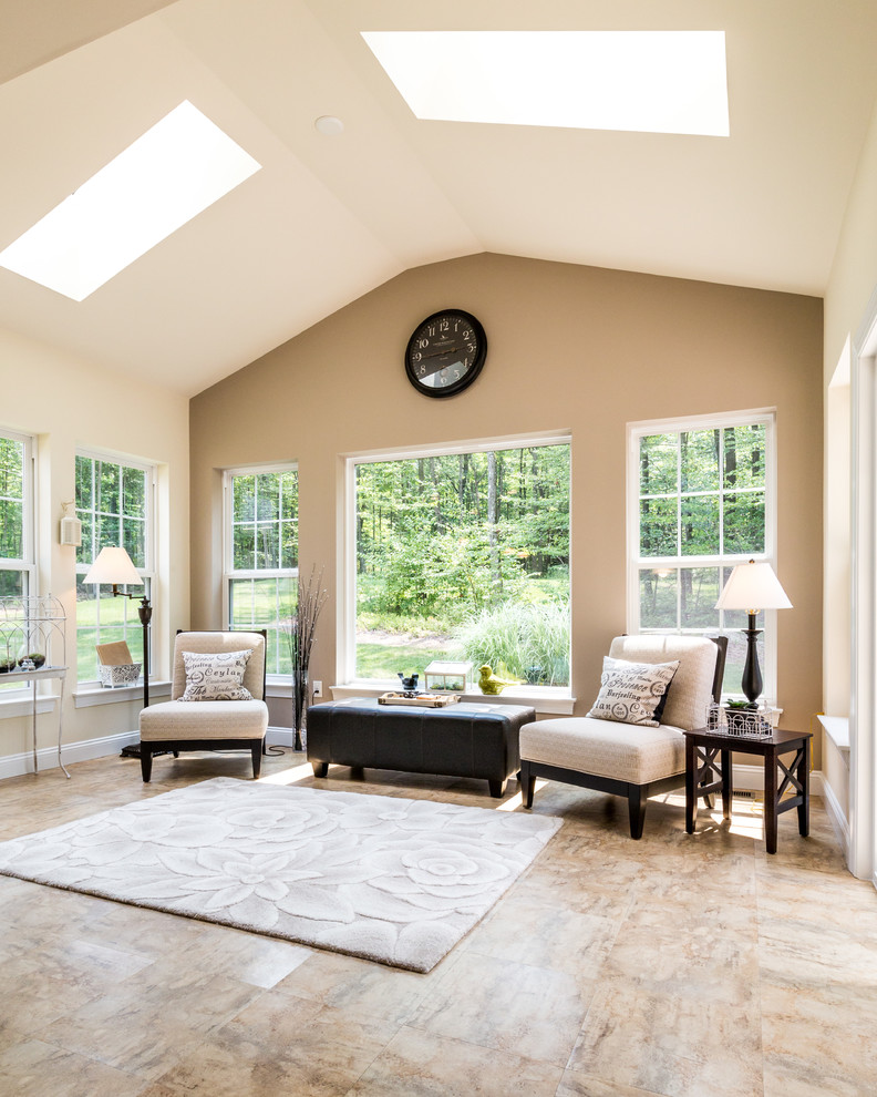 Medium sized traditional conservatory in Philadelphia with lino flooring and a skylight.