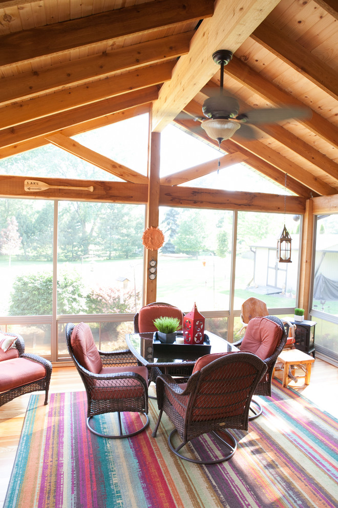 Photo of a medium sized conservatory in Chicago with light hardwood flooring and a standard ceiling.