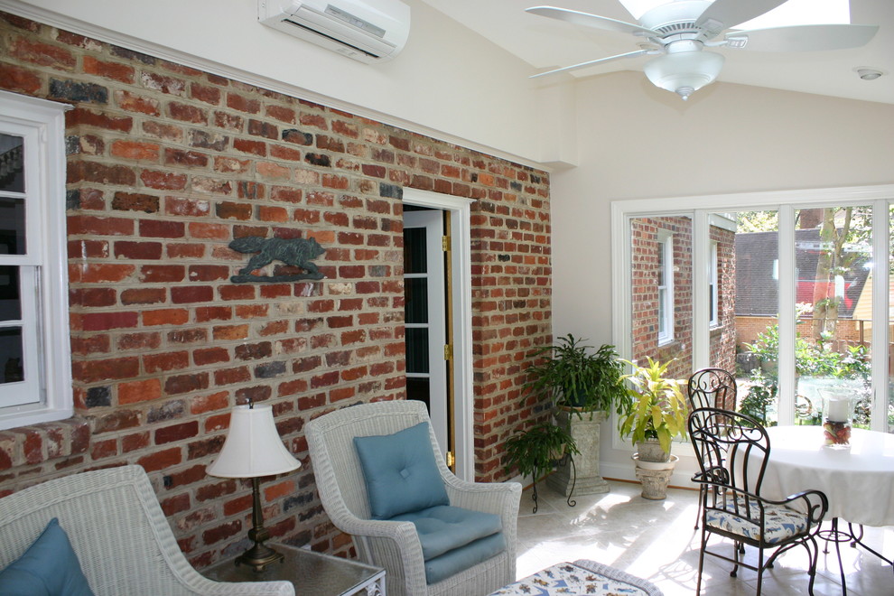 Example of a mid-sized classic porcelain tile sunroom design in Richmond with no fireplace and a skylight