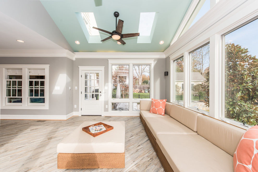 Inspiration for a large transitional ceramic tile and gray floor sunroom remodel in DC Metro with no fireplace and a skylight