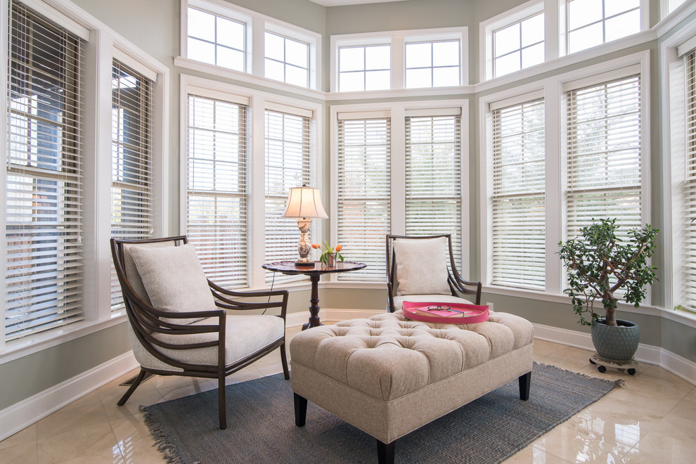 Design ideas for a classic conservatory in DC Metro with porcelain flooring, a standard ceiling and beige floors.