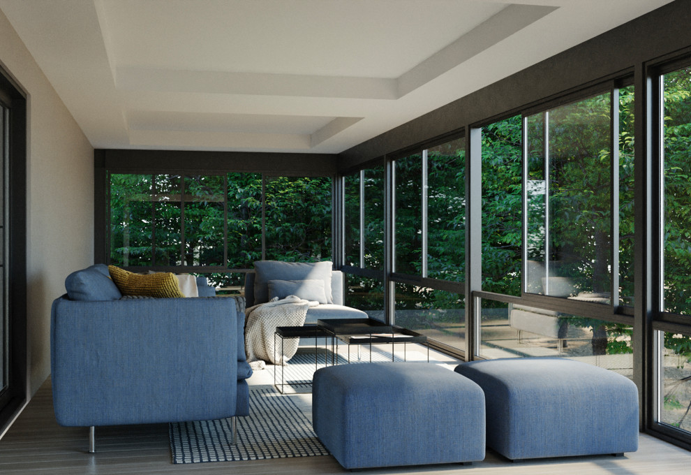 Immagine di una grande veranda chic con pavimento in vinile, soffitto classico e pavimento grigio
