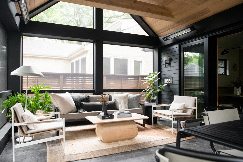 Источник вдохновения для домашнего уюта: терраса в современном стиле с стандартным потолком и серым полом без камина