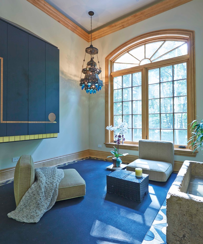 Idee per un'ampia veranda chic con moquette, soffitto classico e pavimento blu