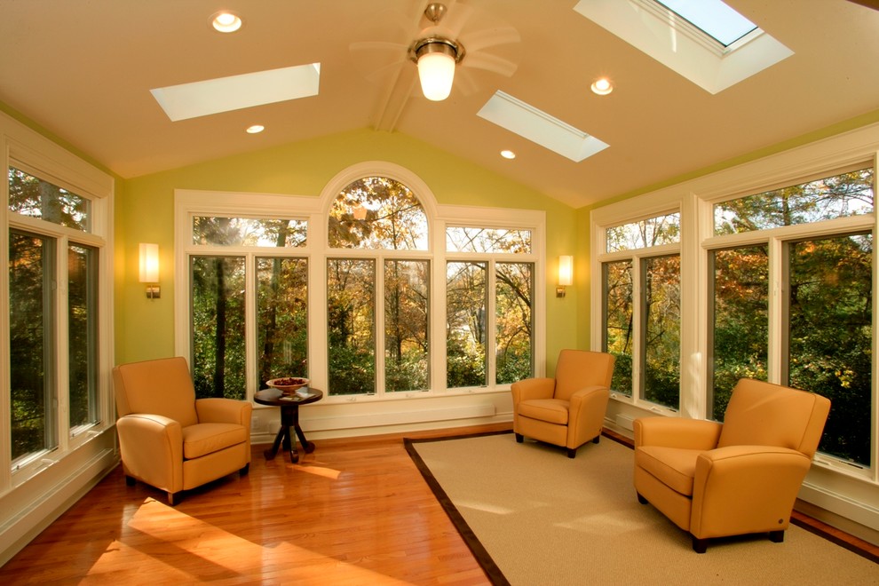 Example of a mid-sized trendy medium tone wood floor sunroom design in Detroit with a skylight and no fireplace