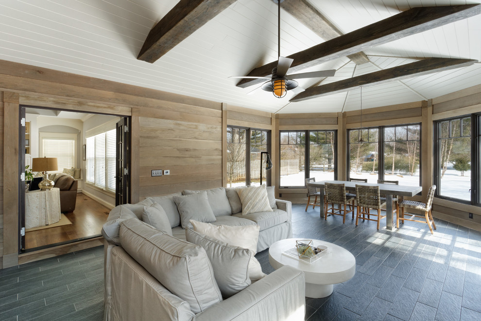 Example of a mid-sized mountain style sunroom design in Cincinnati with a standard ceiling and a standard fireplace
