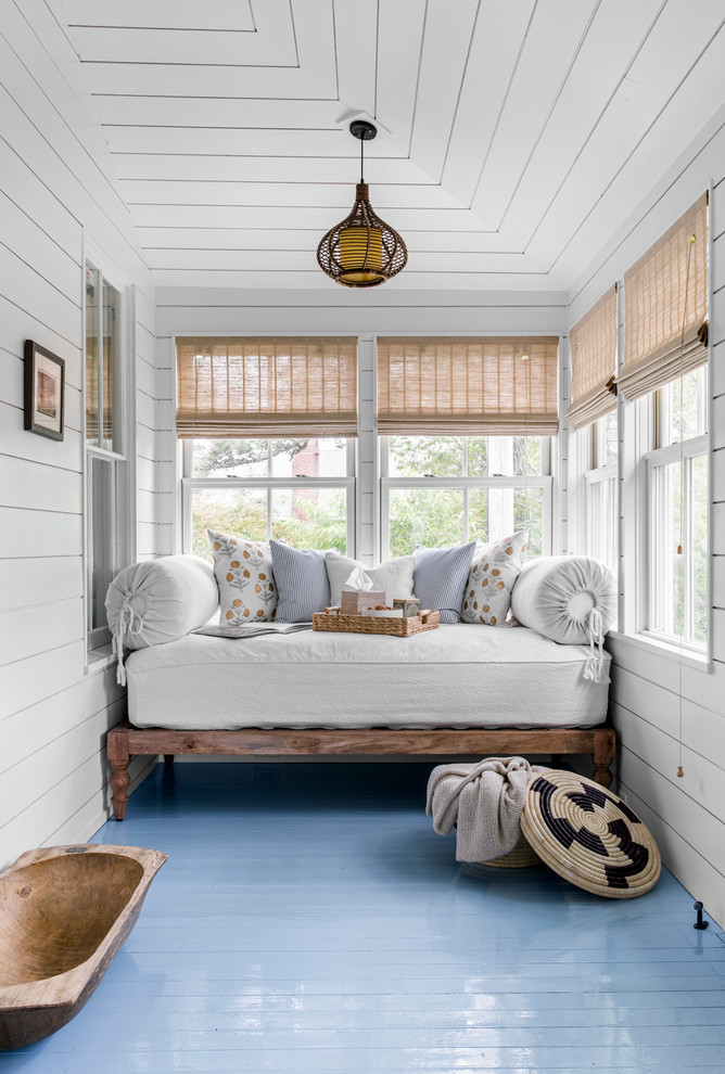 Example of a small beach style painted wood floor and blue floor sunroom design in Boston with no fireplace and a standard ceiling
