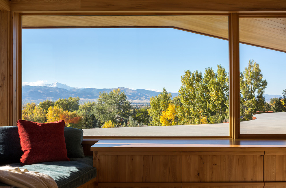 Immagine di una veranda minimal di medie dimensioni con parquet chiaro e soffitto classico