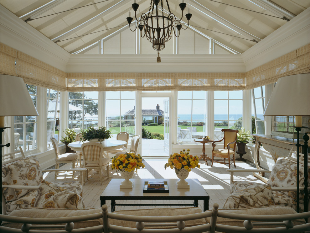 Sunroom - large coastal carpeted and beige floor sunroom idea in New York with no fireplace and a skylight