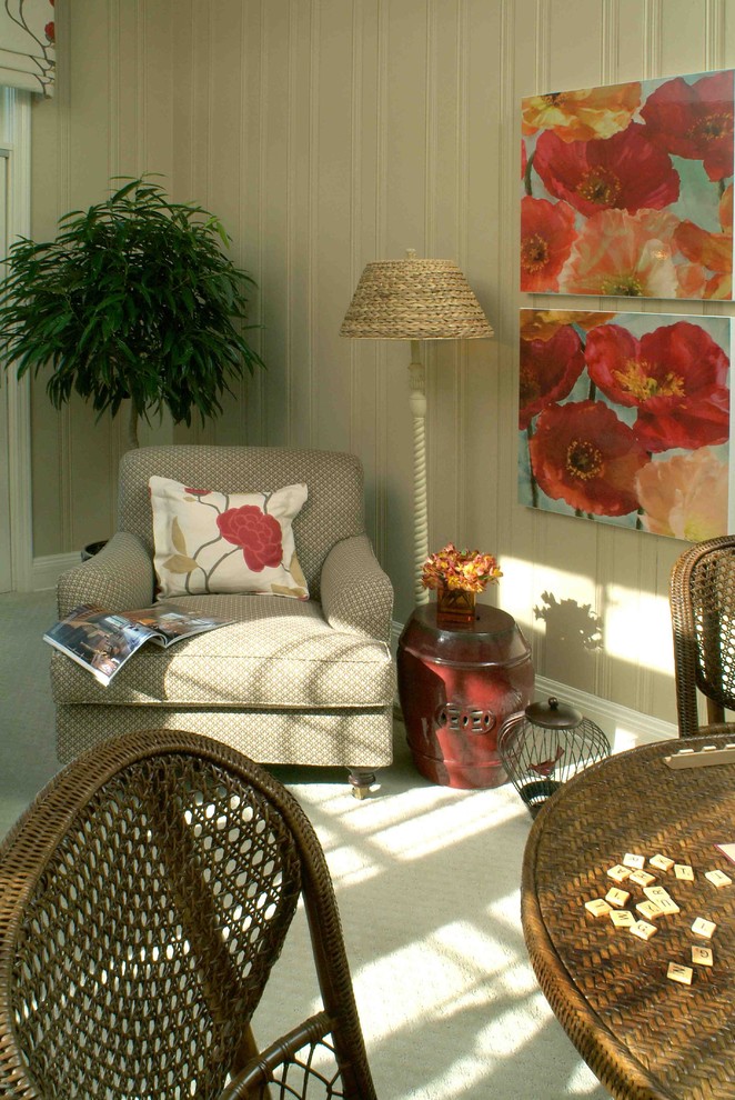 Mid-sized elegant carpeted sunroom photo in Other