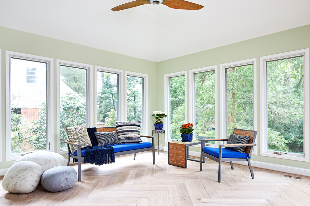 Mid-sized transitional light wood floor and beige floor sunroom photo in DC Metro with a standard ceiling