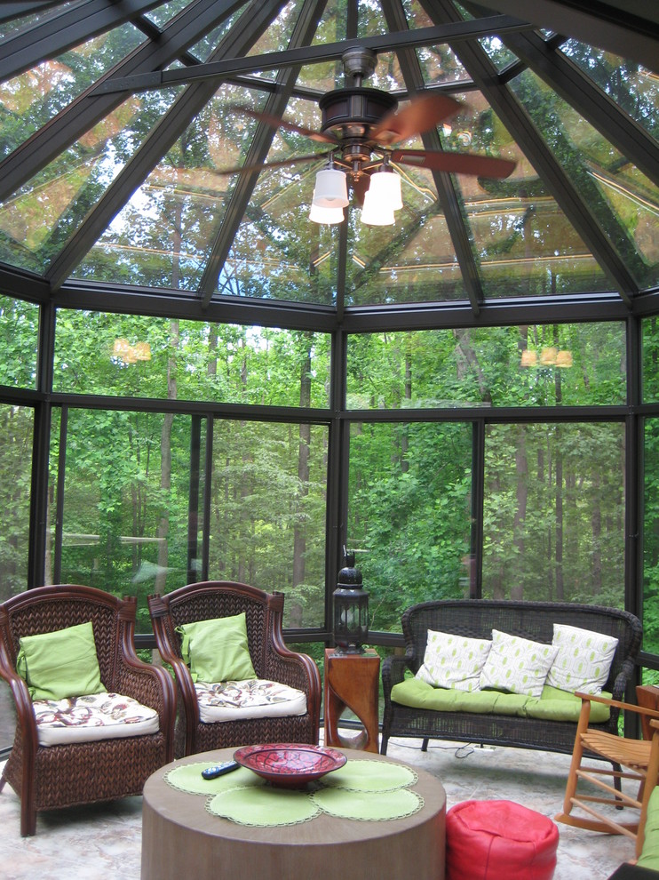 Design ideas for a large contemporary conservatory in DC Metro with porcelain flooring, no fireplace and a glass ceiling.