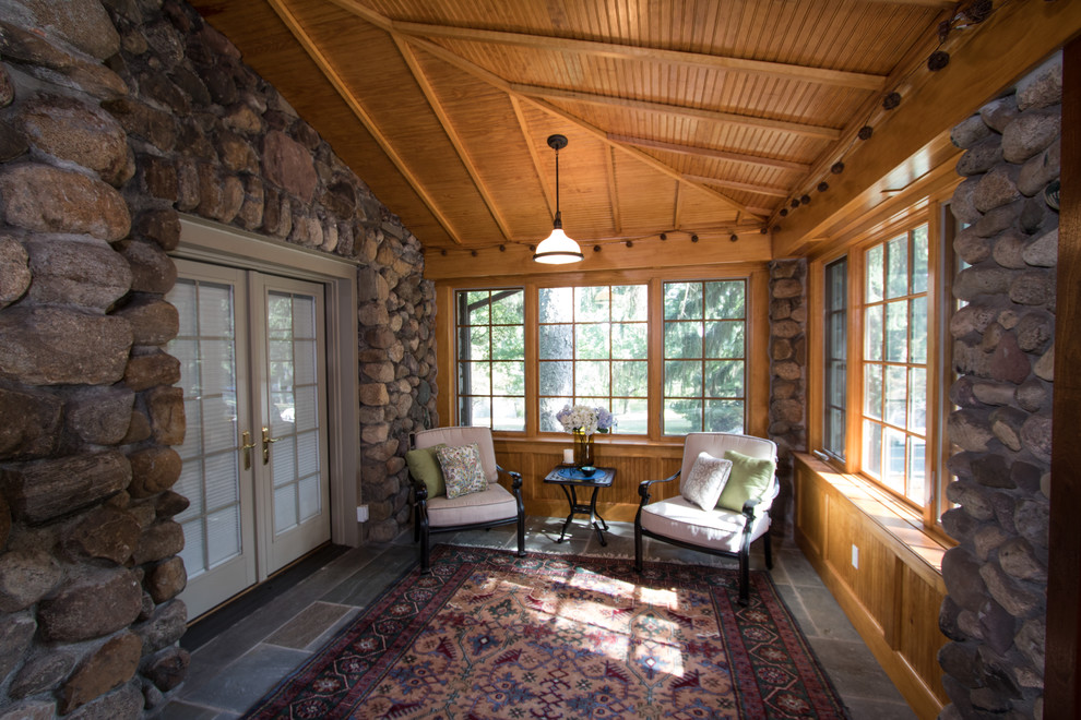 Inspiration for a mid-sized rustic slate floor and multicolored floor sunroom remodel in New York