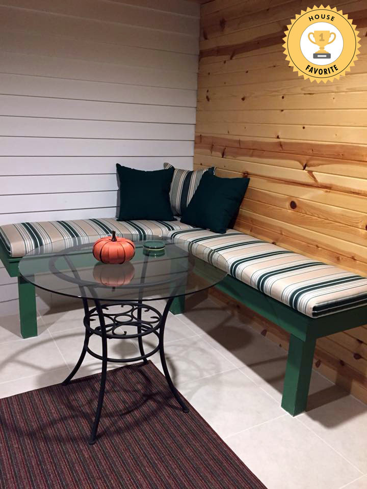 Striped Sunbrella Bench Seat Cushions Complement Sunroom Decor Rustic